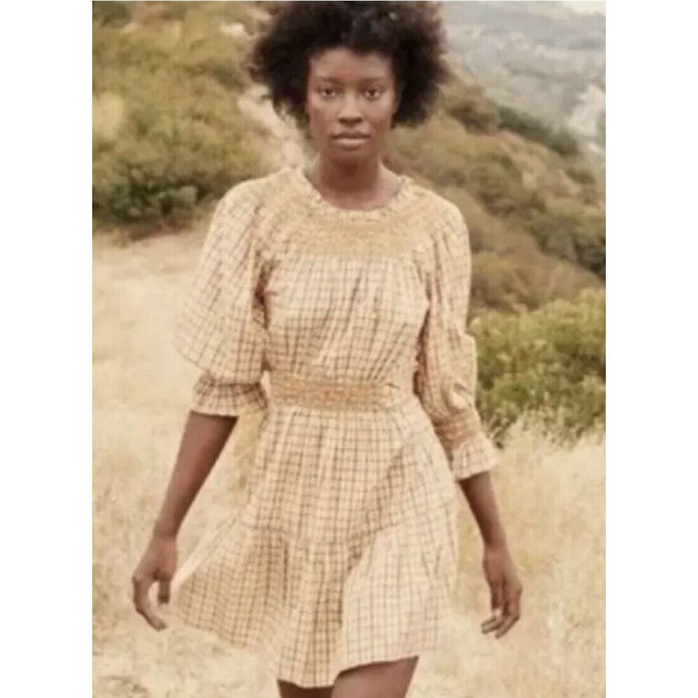 Doen Sabine Dress size L Swiss Dot Plaid Print Puff Sleeve Tie Waist Cotton